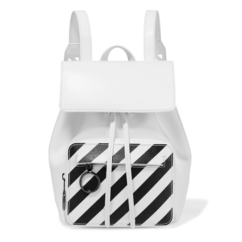 Genuine Leather Backpack Black &amp; White Stripe Commute Style Customization Service